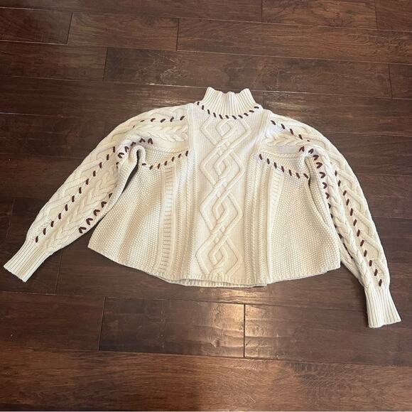 BA&SH Eba Cable Knit Mock Neck Wool Pullover Sweater Small Cream Maroon - Picture 14 of 14